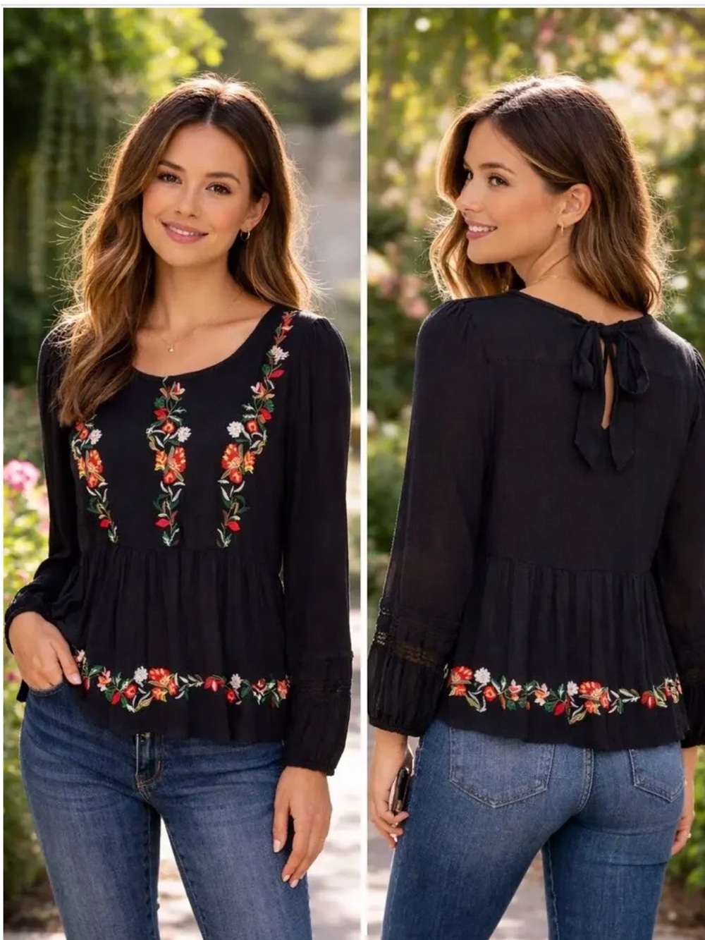 American Eagle Outfitters Black Floral Embroidered Peasant Blouse 💐